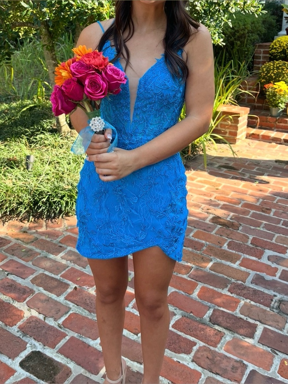 Bright Blue Lace Mini Dress with Plunge V-Neck